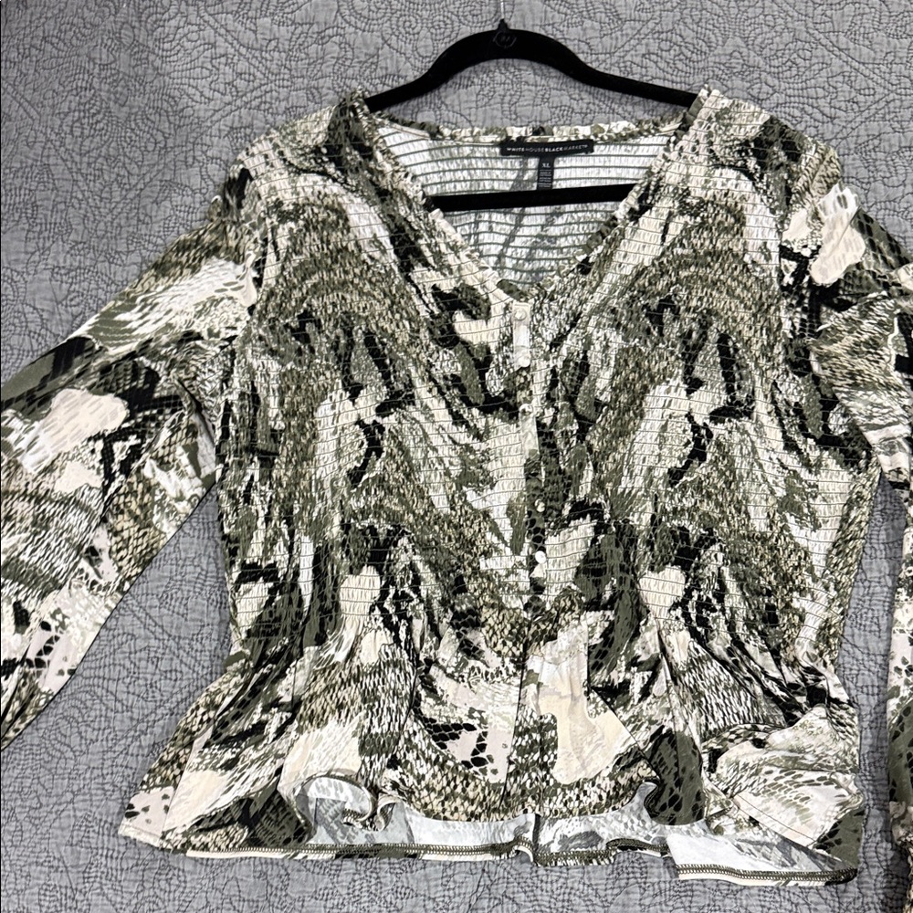 White House Black Market Abstract Green and Cream Blouse
